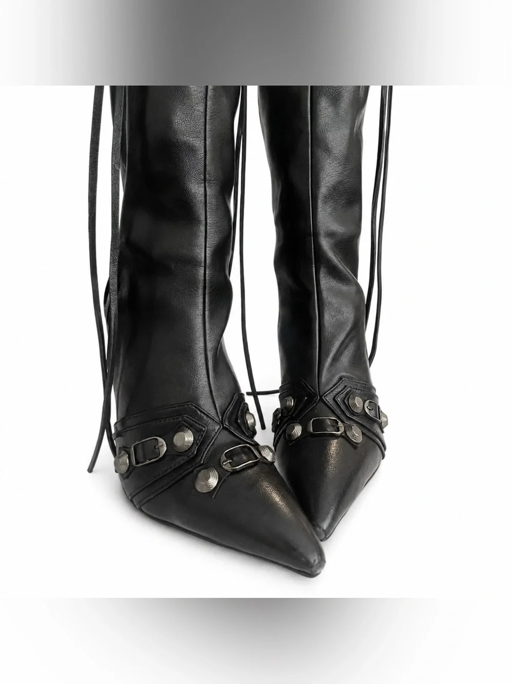 Black Faux Leather Knee-High Pointed Toe Boots